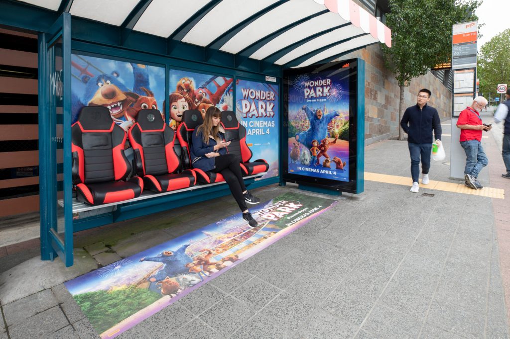 Wonder Park street furniture advertising panel on bus shelter