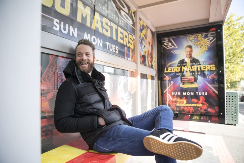 Hamish Blake Lego Masters Street furniture advertising on bus shelter