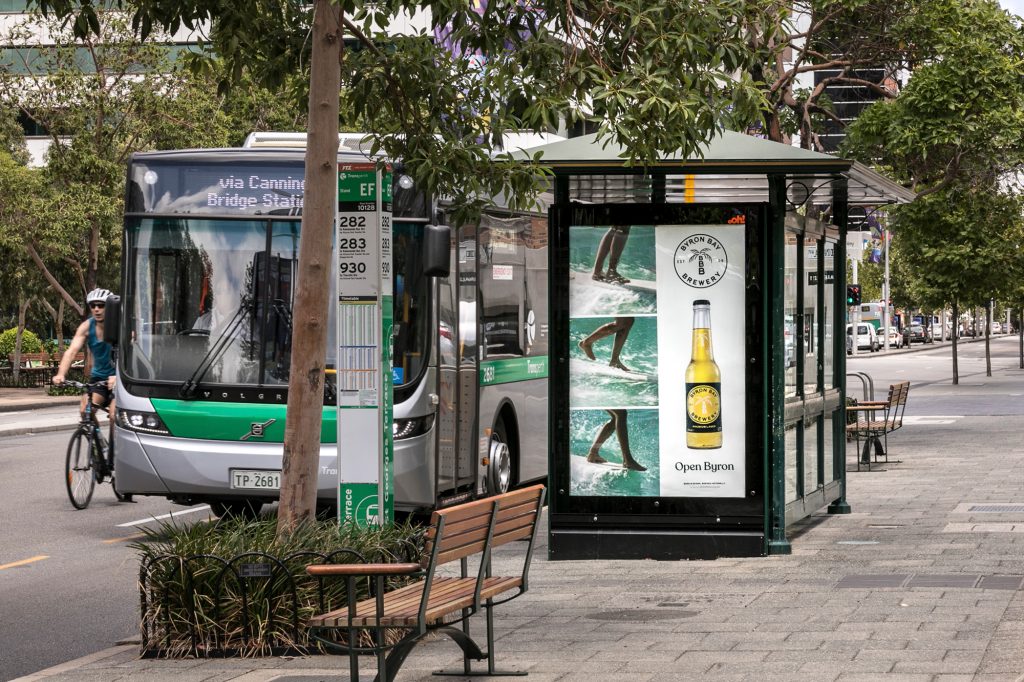 Byron Bay Brewery street furniture advertising on bus shelter