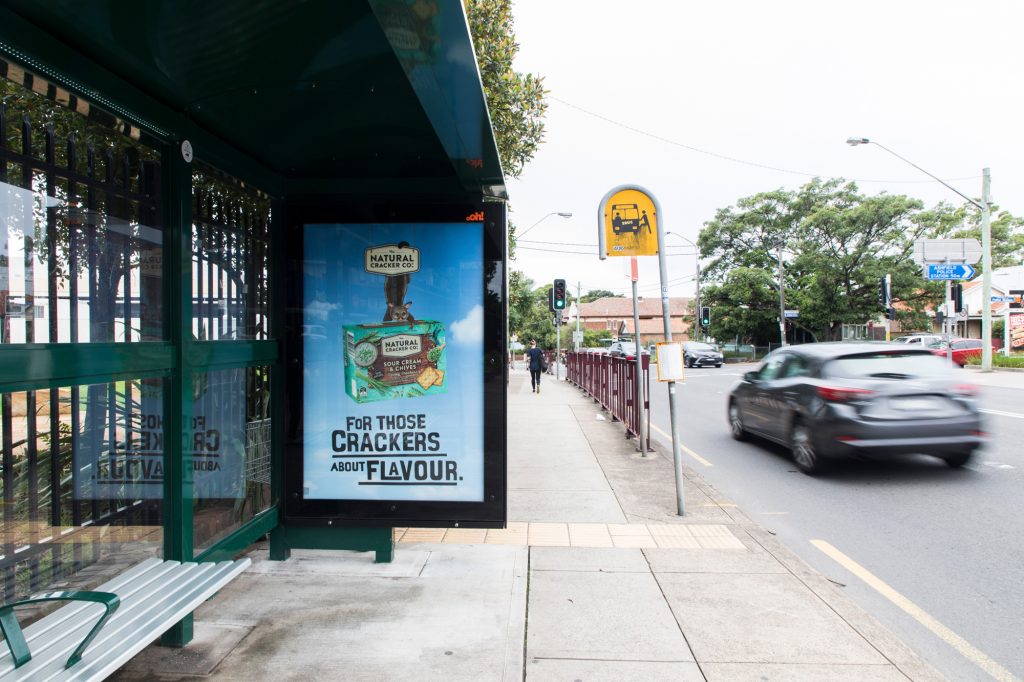 Natural Cracker Co. street furniture advertising on bus shelter