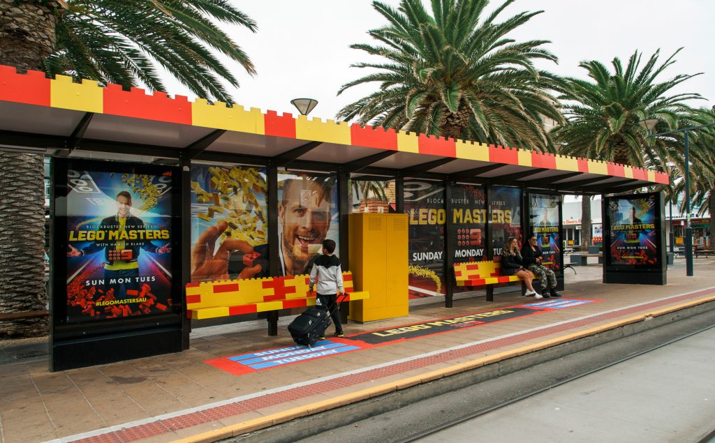 Lego Masters street furniture advertising on bus shelter