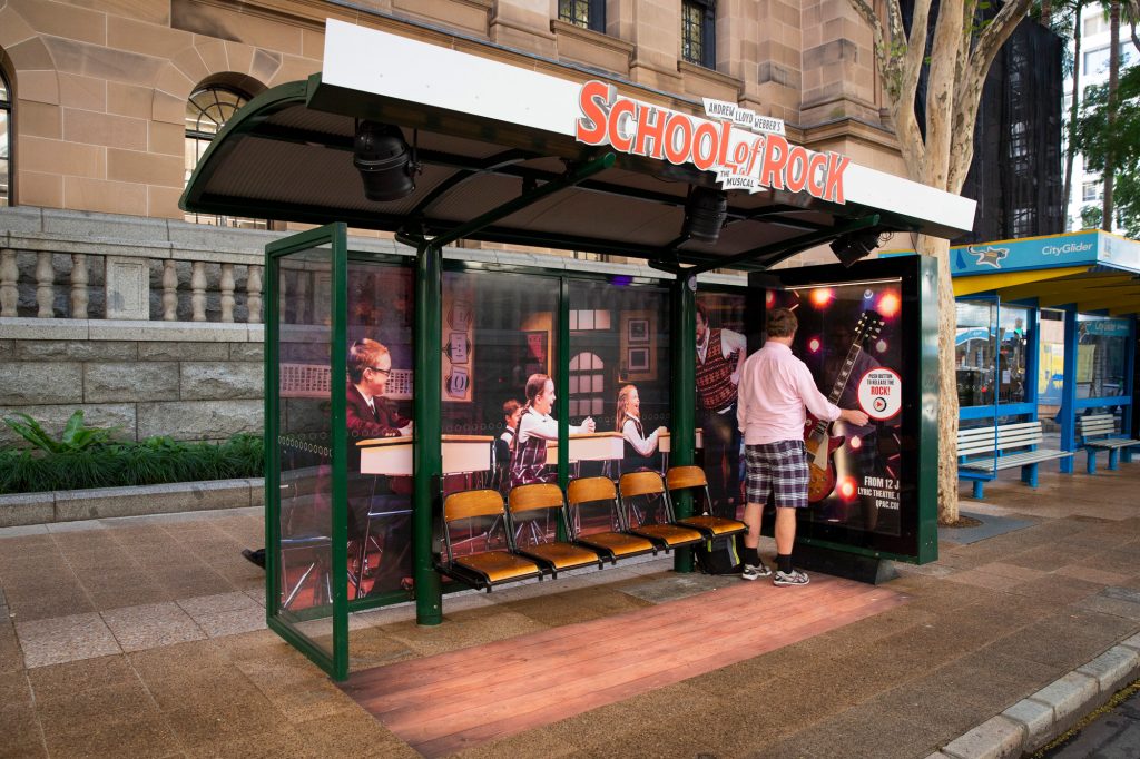 School of Rock street furniture advertising on bus shelter