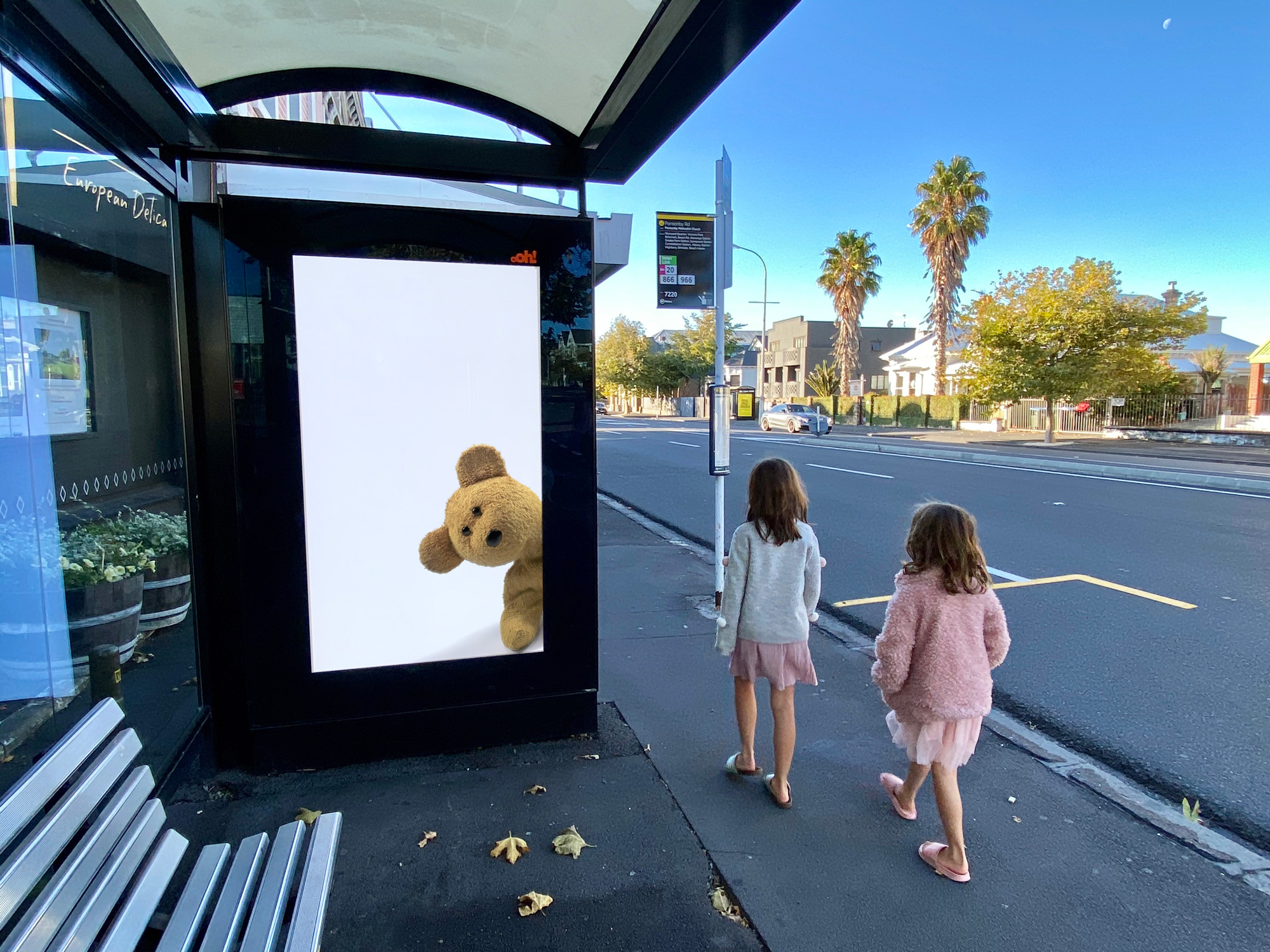 Teddy Bear Hunt street furniture advertising on bus shelter