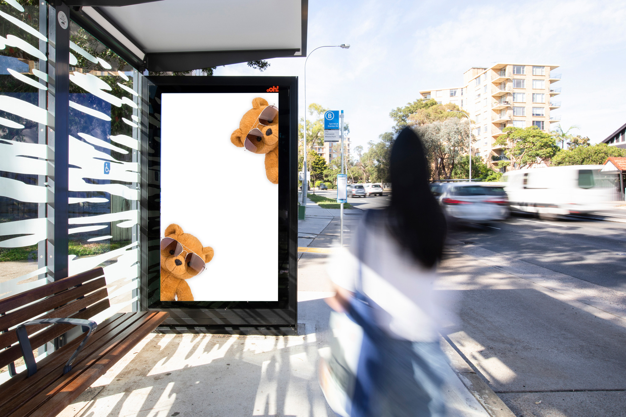 Teddy Bear Hunt street furniture advertising on bus shelter