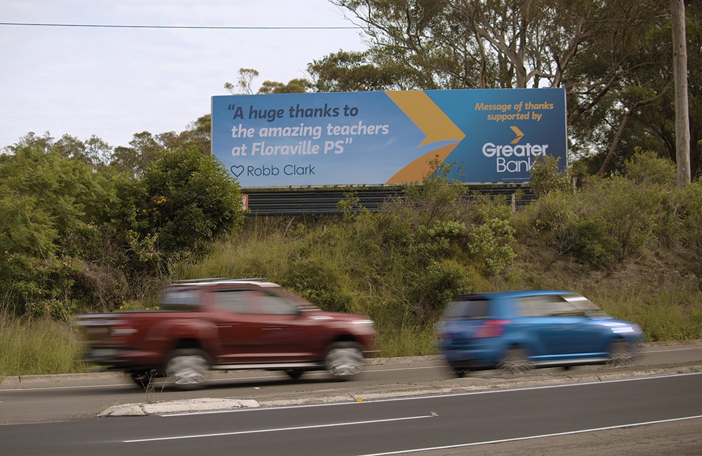 Greater Bank billboard advertising on road