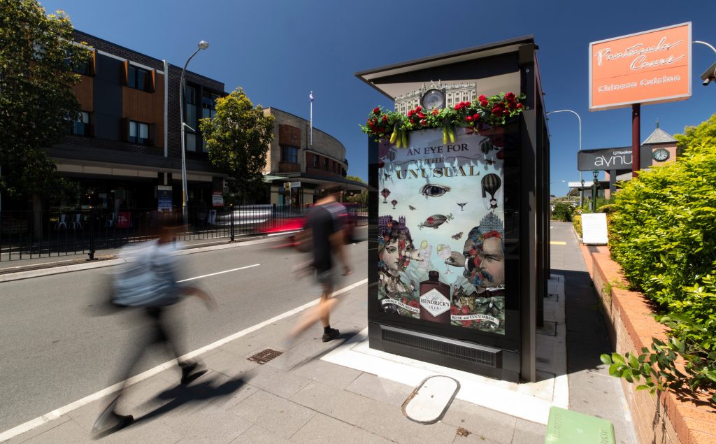 Hendricks Gin special build bus shelter advertising on street furniture