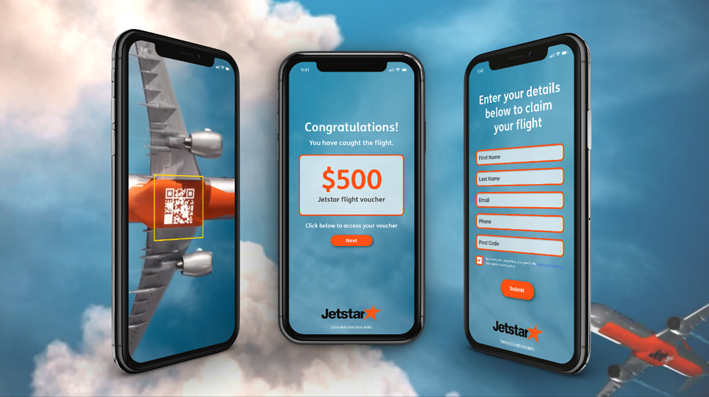 Jetstar Out of Home advertising campaign mobile UI examples to scan QR codes and win prizes in train stations.