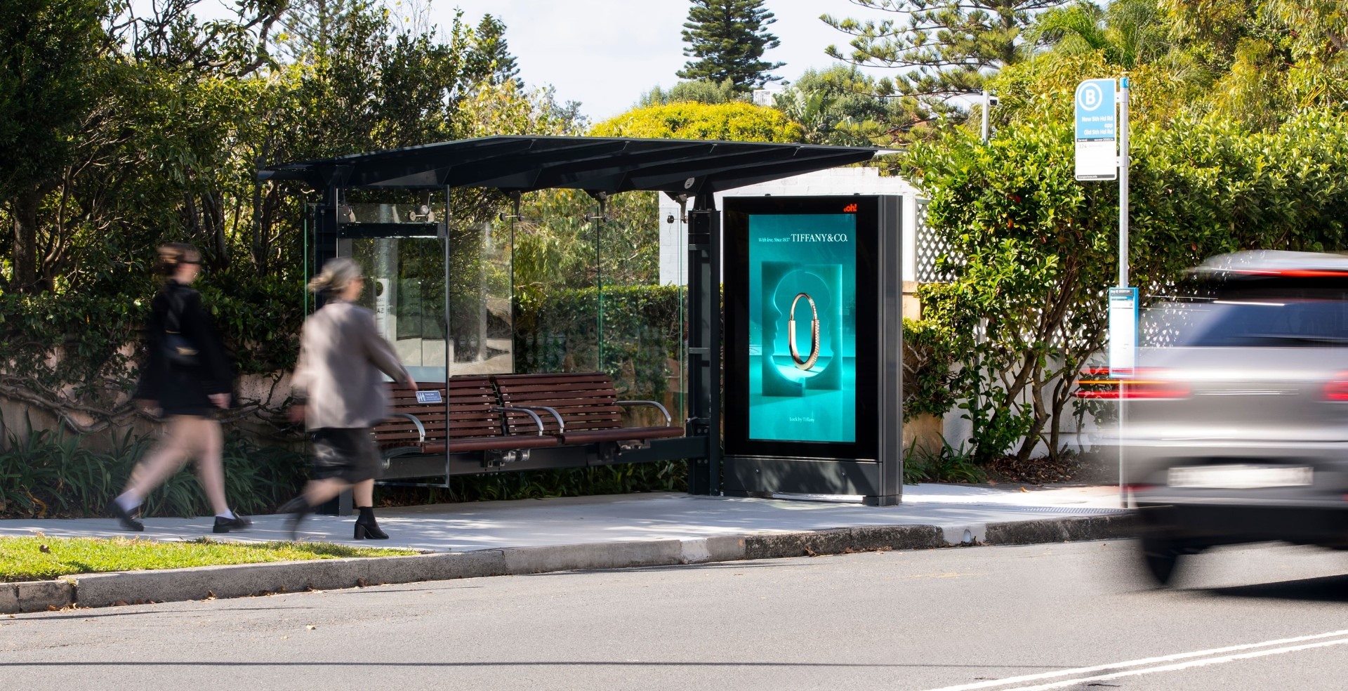 Digital street furniture bus stop advertising in Woollahra featuring Tiffany & Co. creative