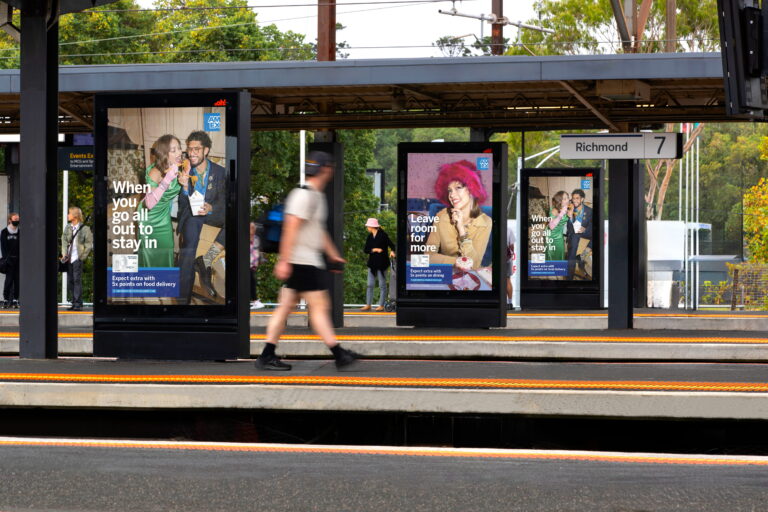 Consecutive rail station digital advertising panels at Richmond Station, Melbourne