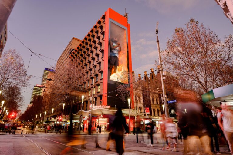 Digital billboard in Melbourne ‘The Bourke’ featuring 3D creative for The NGA and The Mulka Project