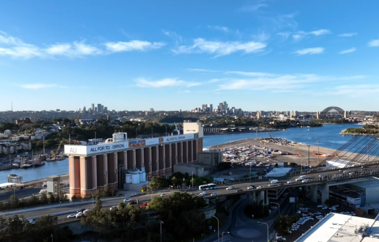 Ecobanner billboard skin on the Glebe Island Silos