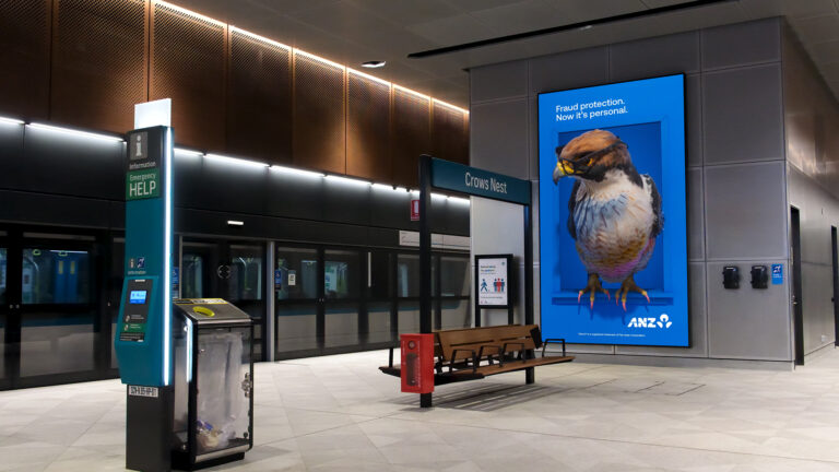 Rail station advertising screen ANZ Falcon campaign