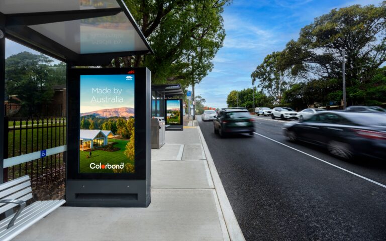 Bus shelter advertising digital consecutive screens with Colorbond creative