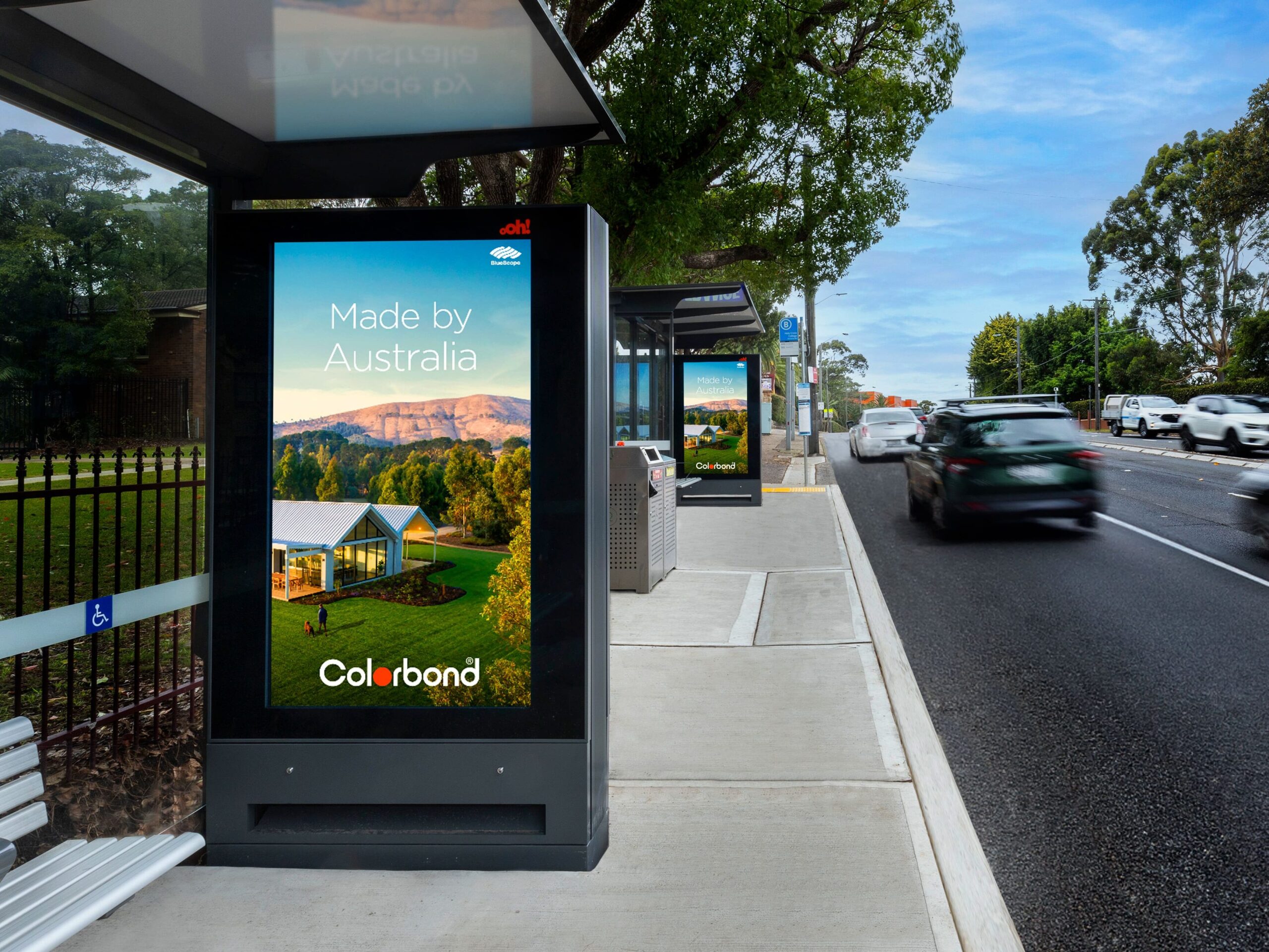 Bus shelter advertising digital consecutive screens with Colorbond creative