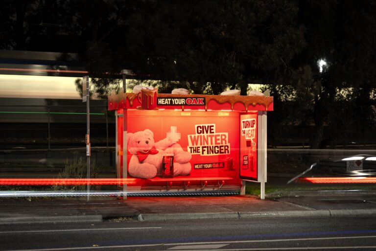 Melbourne bus shelter advertising special build, Oak 'heat your Oak' campaign