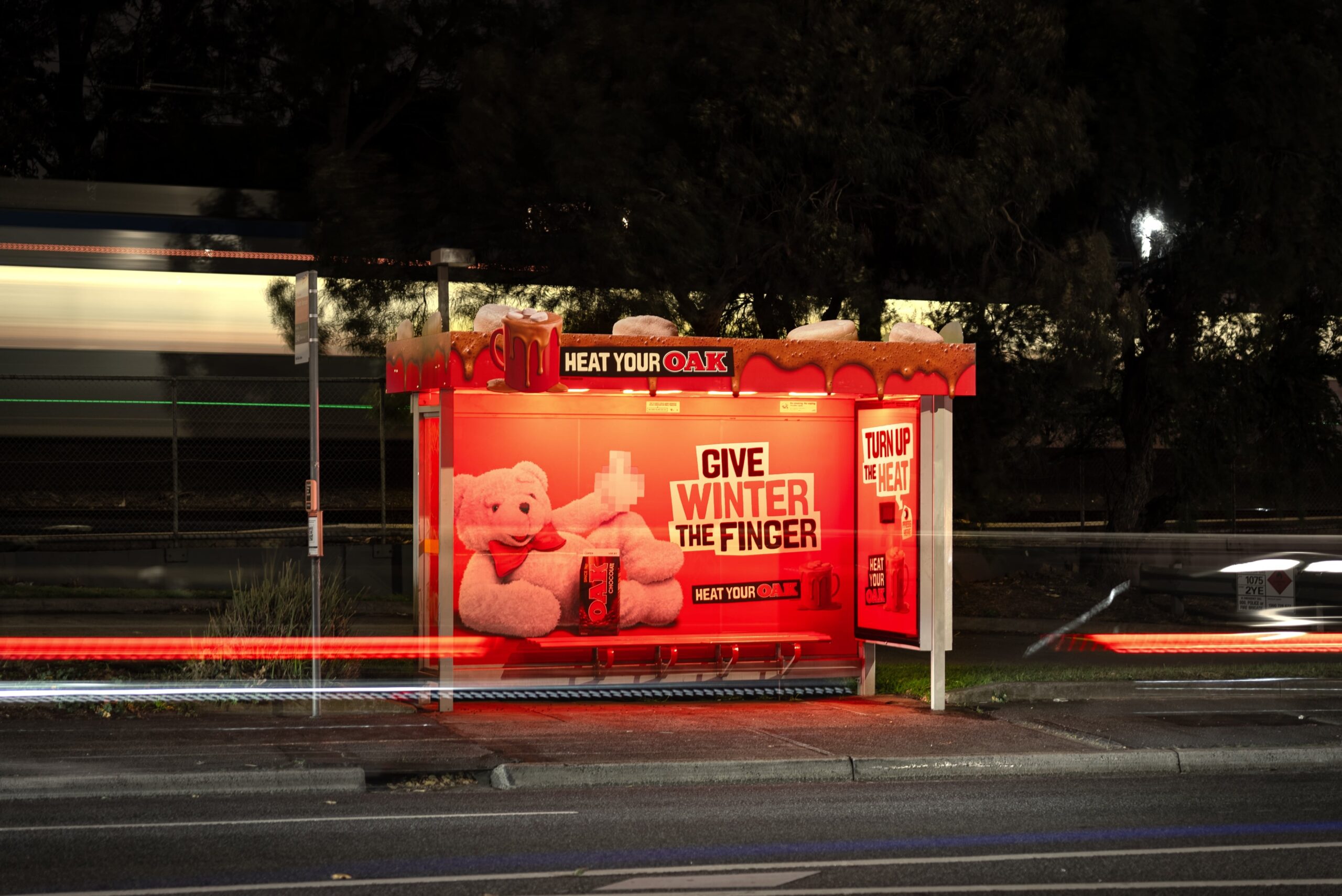 Melbourne bus shelter advertising special build, Oak 'heat your Oak' campaign