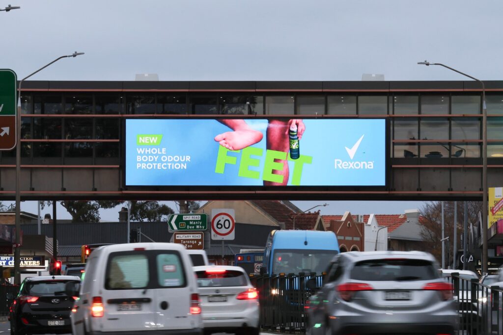 Digital billboard advertising in Mosman, Sydney, with Rexona campaign