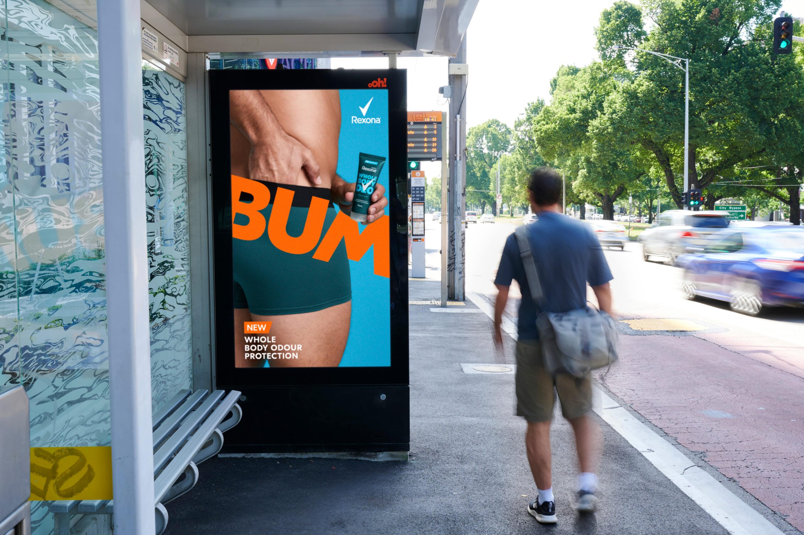 Digital bus shelter advertising panel in Melbourne, Rexona campaign