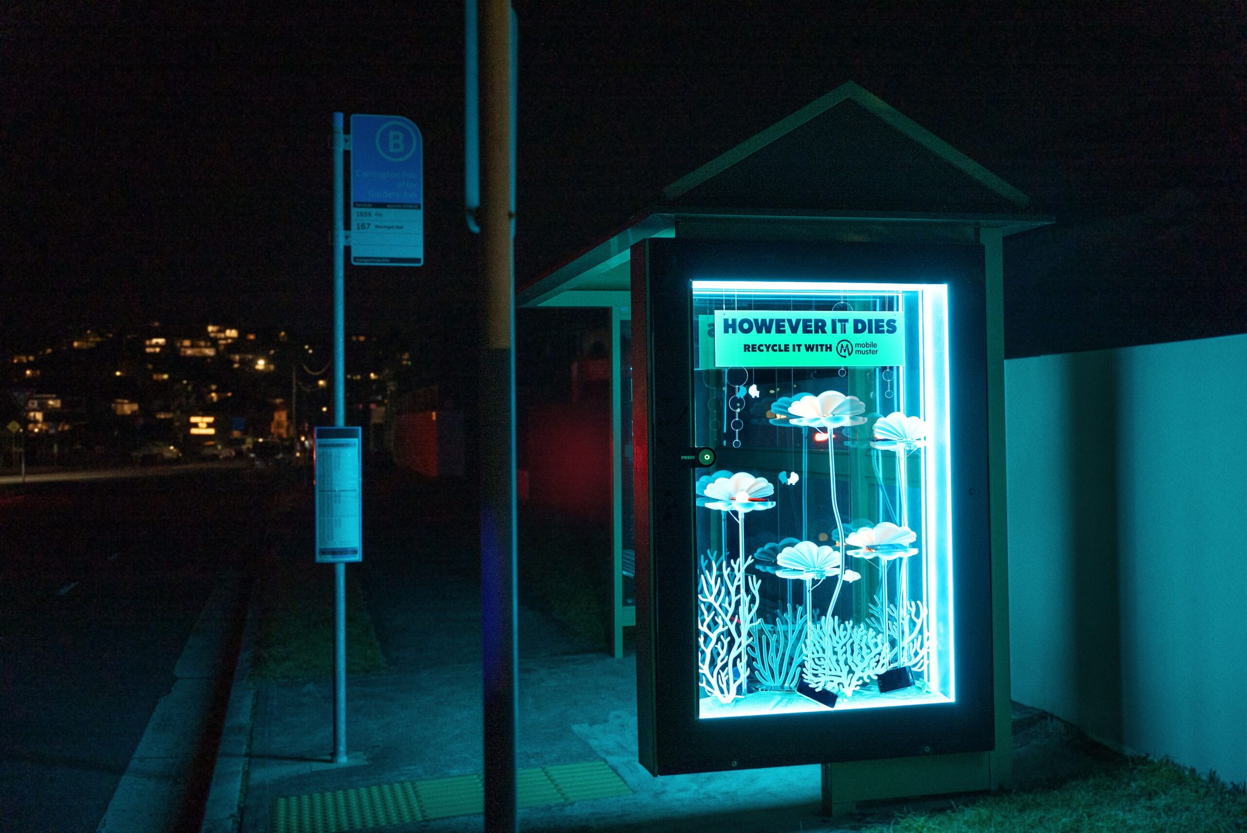 Bus shelter advertising in Sydney, Mobile Muster "However It Dies" special build