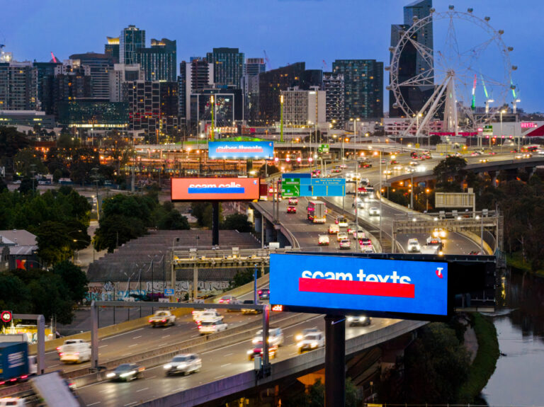 Multiple consecutive billboard takeover on Melbourne's Bolte Bridge, featuring Telstra campaign.