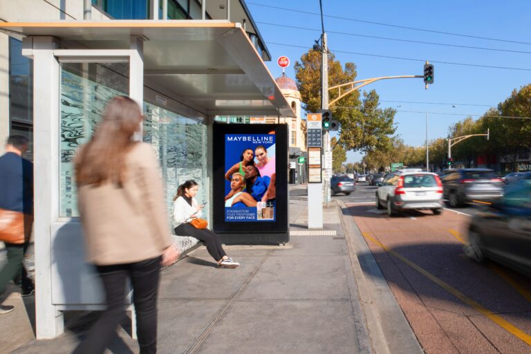 Street furniture, bus shelter advertising in Melbourne, featuring Maybelline advertisement