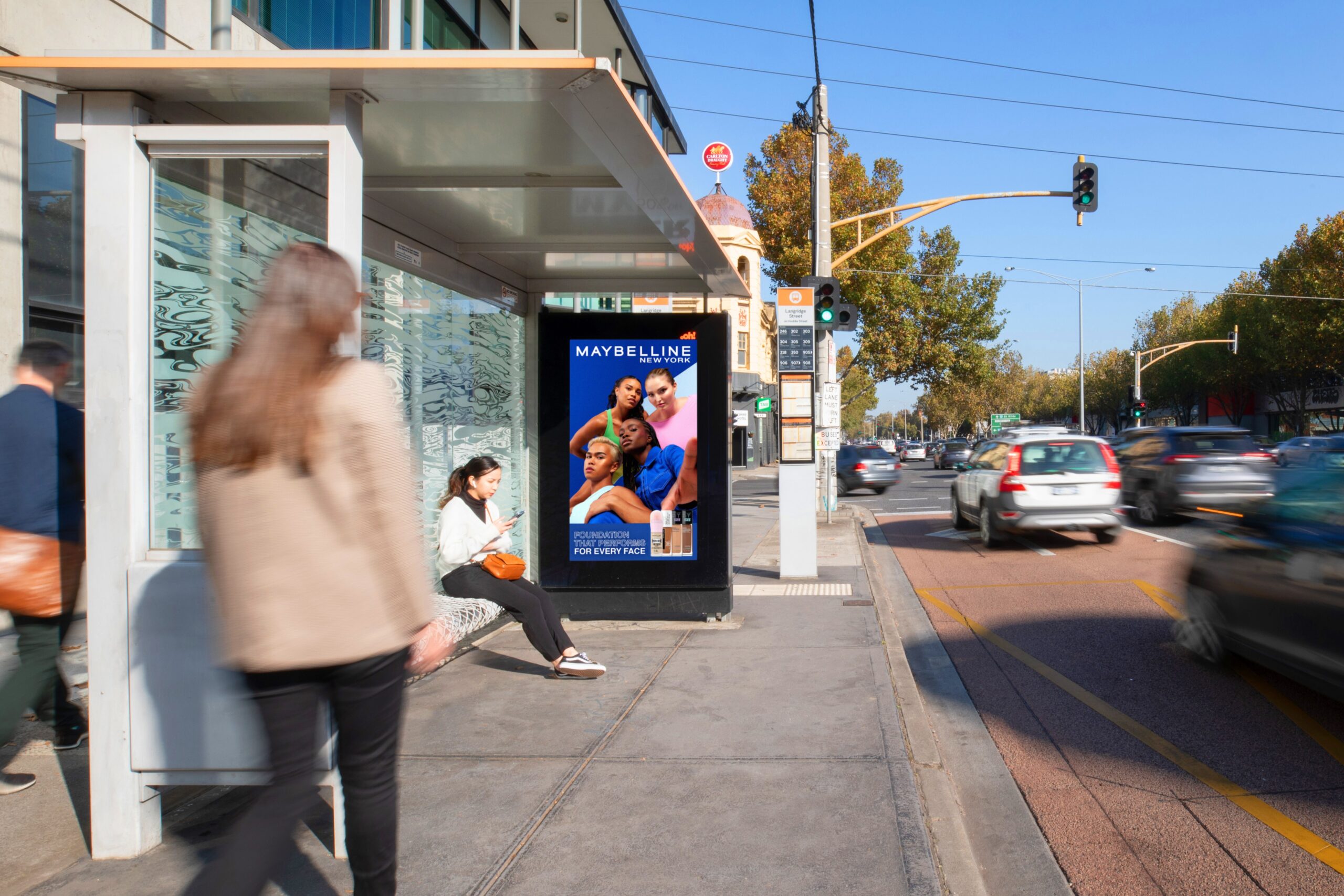 Street furniture, bus shelter advertising in Melbourne, featuring Maybelline advertisement