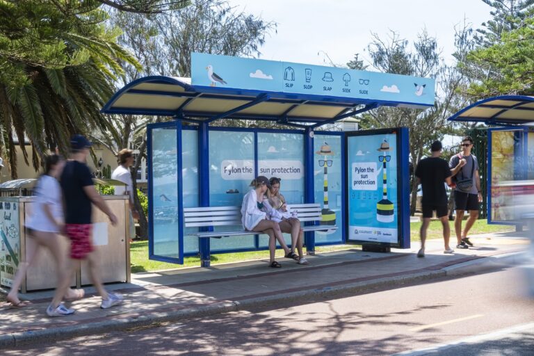 Bus shelter advertising for Cancer Council WA at Cottesloe Beach, Perth.