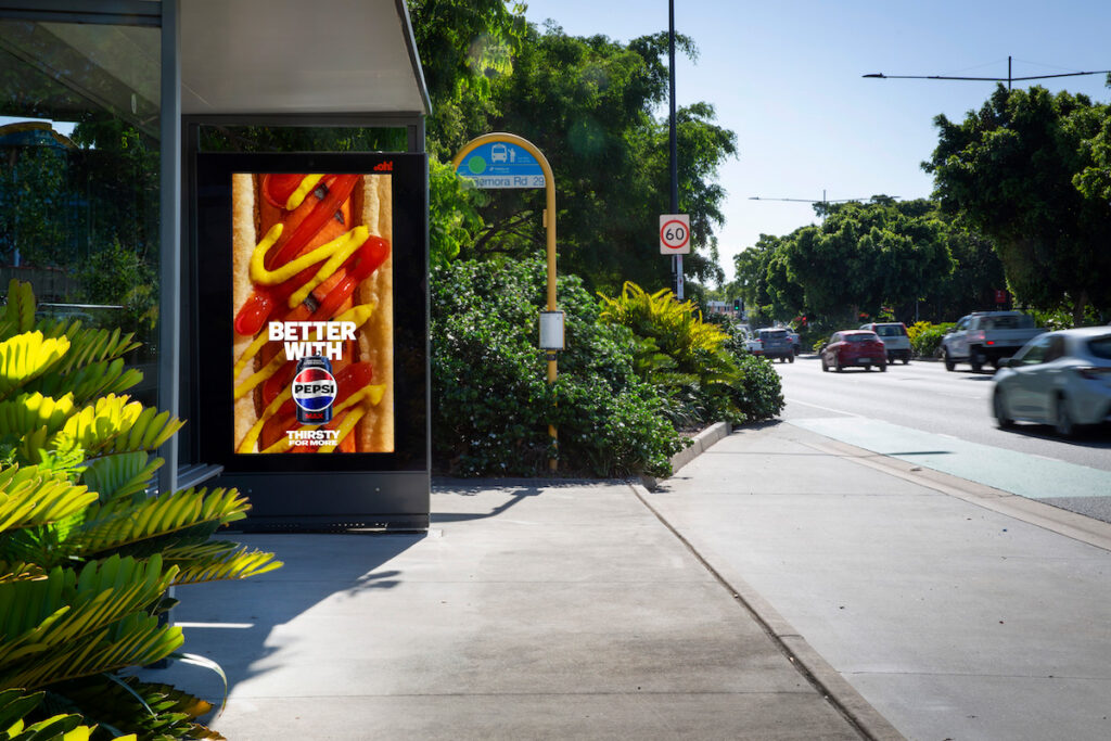 Bus shelter digital advertising in Brisbane, featuring pepsi creative