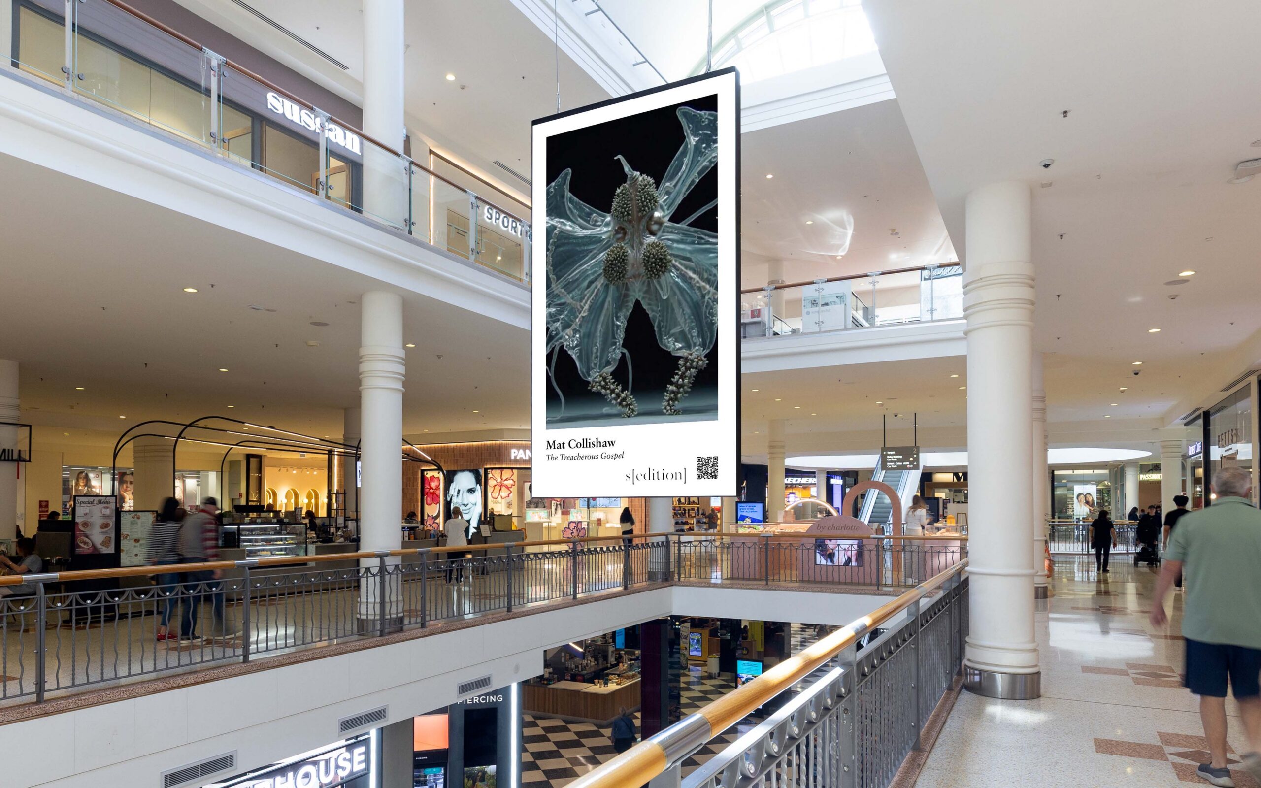 Digital advertising panel in retail centre, featuring Sedition artwork